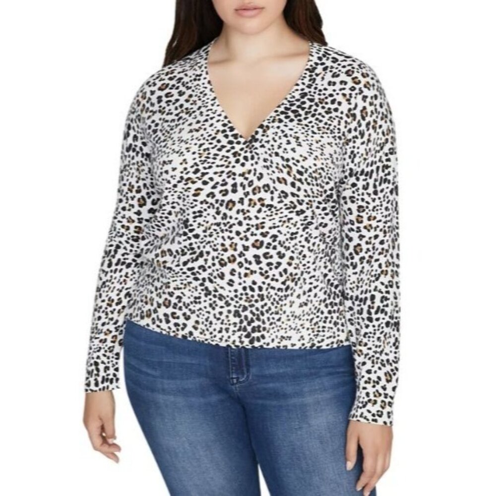 Sanctuary Curve XOXO Leopard Print Wrap Sweater 3X White Pullover Casual NWT